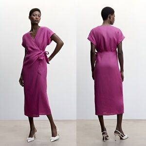 MANGO BOW LINEN-BLEND WRAP DRESS SIZE 14